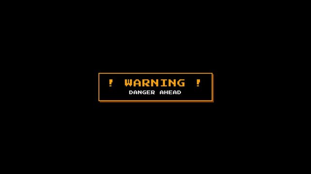 Animated retro pixel game warning alert with danger ahead text for arcade boss battle and caution concept. 4k video