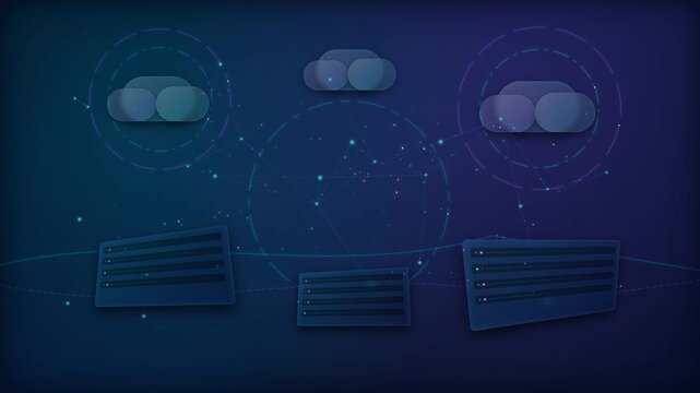 Cloud computing network data center animation of three glowing cloud icons transmitting digital signals to database server rack units on dark blue technology background for SaaS hosting