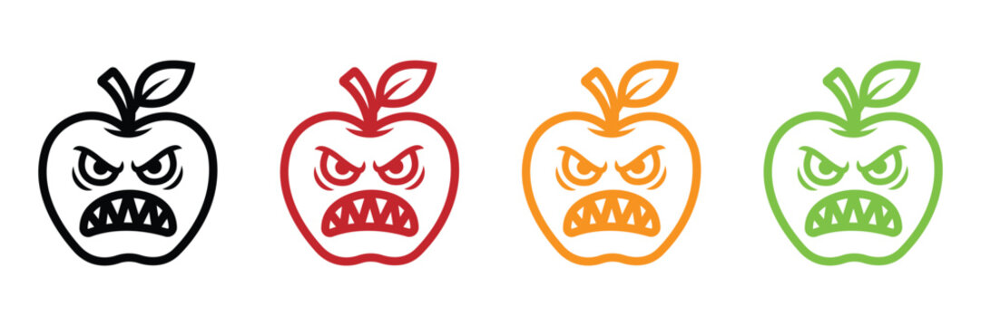 A set of Angry Monster Apple Line Outline Icons Black Red Orange Green Fruit Graphic Symbols Halloween Mascot Character Design Vector Illustration Isolated on White Background