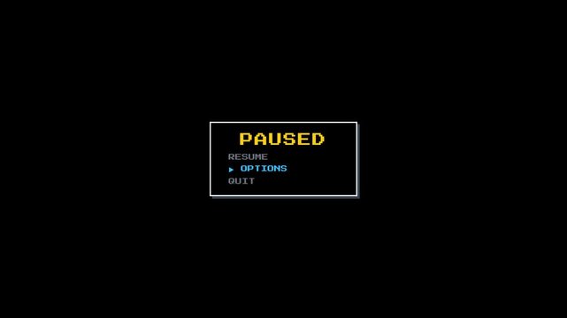 Animated retro pixel game pause menu with resume options and quit buttons for arcade interface concept. 4k video