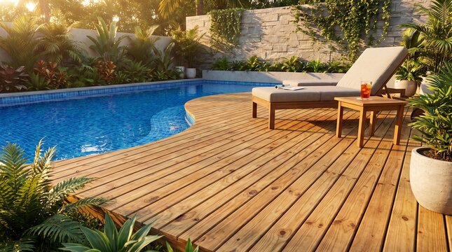 Treated Pine Decking Surrounds a Modern Swimming Pool with Lounge Chair and Drink