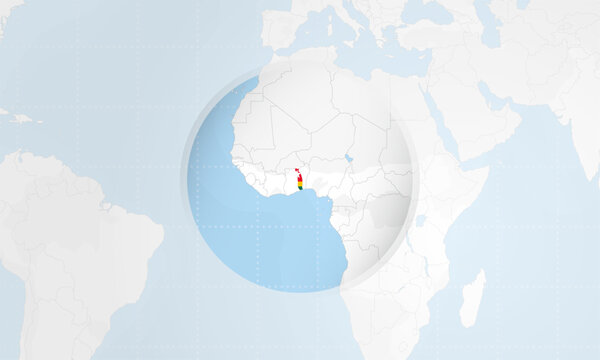 Togo Map with National Flag Overlay and Magnified Circle on Light Map Background.