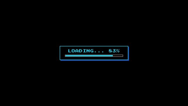 Animated retro pixel loading screen with percentage text and progress bar for video game start and digital interface. 4k video