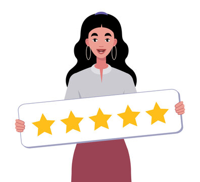 Woman Holding Five Star Rating Banner
