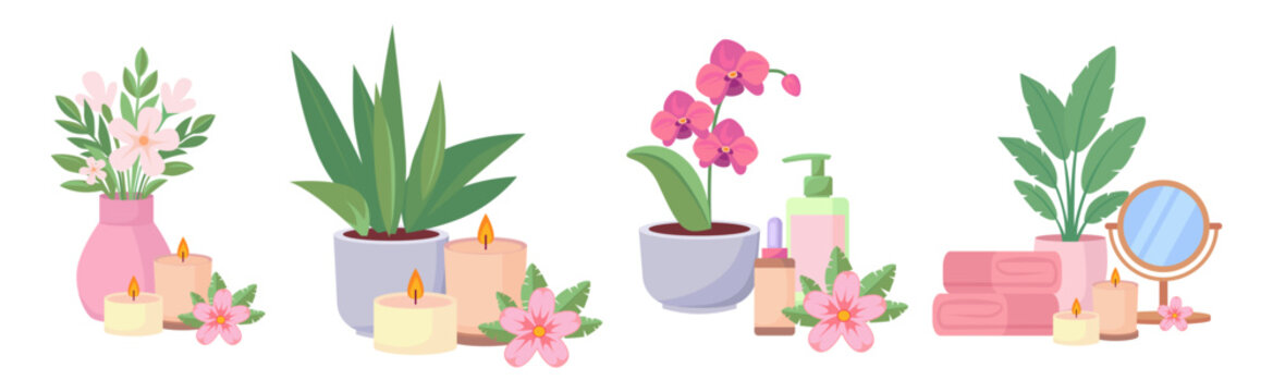 Spa Floral Plant Candle and Towel Decor Set
