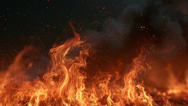 Raging fire flames and dark smoke texture background. Features a horizontal line of bright orange fire with glowing sparks rising into thick smoke, ideal for graphic design overlays.