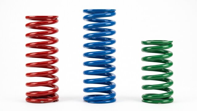 Colorful metal compression springs of different sizes standing in a row isolated on white background