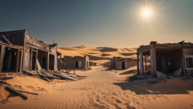 Abandoned wooden buildings in a desolate desert landscape under a bright midday sun