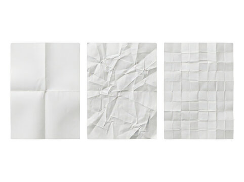 Three sheets of white paper with different folding patterns isolated on transparent background