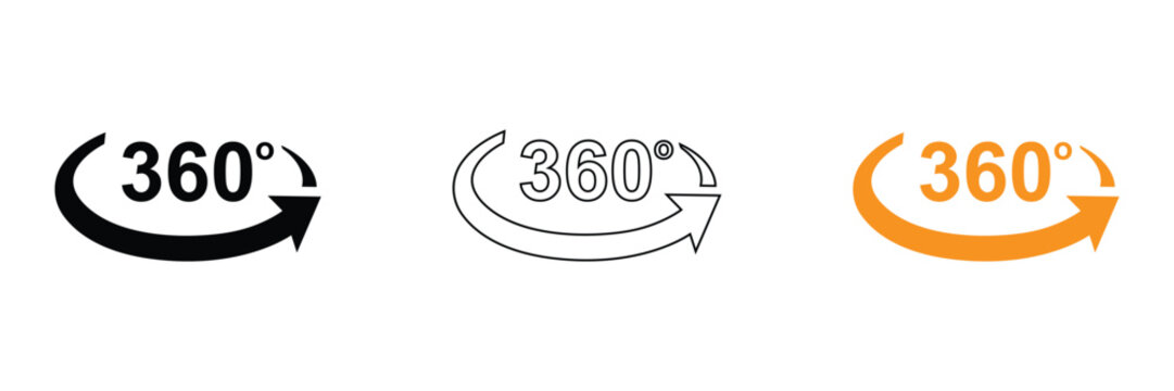 360 degree rotation arrow symbol icon set, black outline and orange color view angle panorama degree sign vector graphic design illustration element