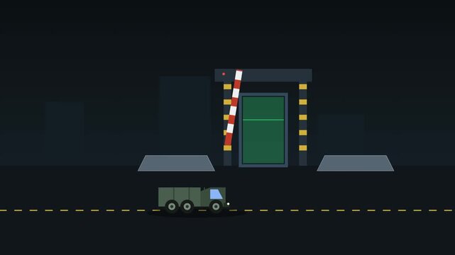 Minimalist graphic illustration of a truck approaching a gated facility entry