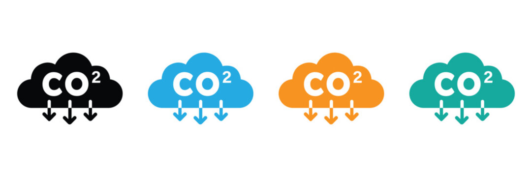 CO2 emission reduction cloud with downward arrows icon set, black blue orange and teal color carbon dioxide footprint decrease symbol vector graphic design illustration