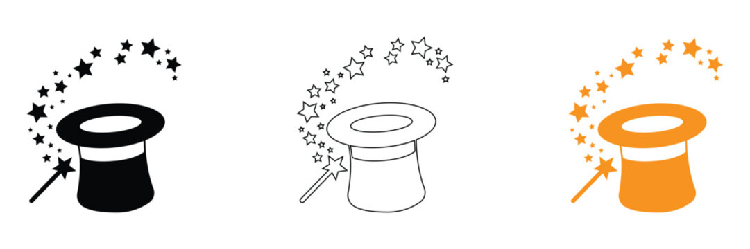 Magic hat with magic wand and sparkling stars icon set, magician hat outline filled silhouette and orange color icon set, wizard top hat trick vector illustration design element