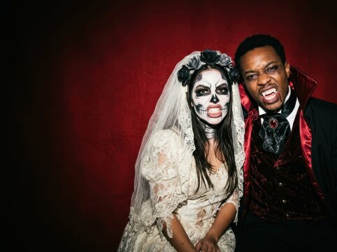 Halloween Couple in Skeleton Bride and Vampire Costumes on Red Backdrop