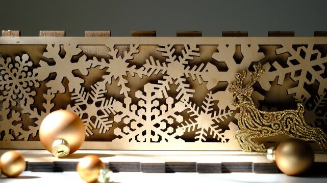 Wooden empty podium with Christmas decorations. Product presentation.  Space for presentation, product display background. Cottage style