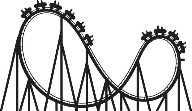 Black silhouette rollercoaster track with carts descending curve thrill ride in amusement park.