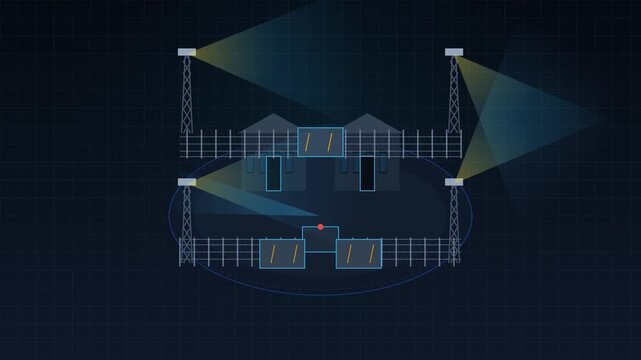 Digital illustration of a high security fenced facility with light surveillance