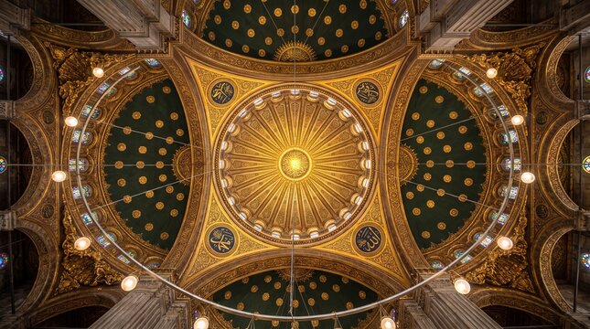 Golden dome interior of historic Ottoman mosque with intricate
