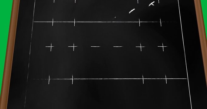 Animation of rugby field with strategy game plan tactic on chalkboard background