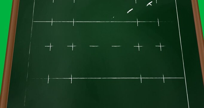 Animation of rugby field with strategy game plan tactic on chalkboard background