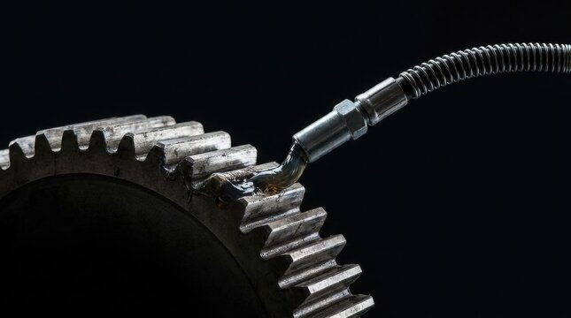 A close up macro shot of a metal gear being lubricated with thick grease from a hose