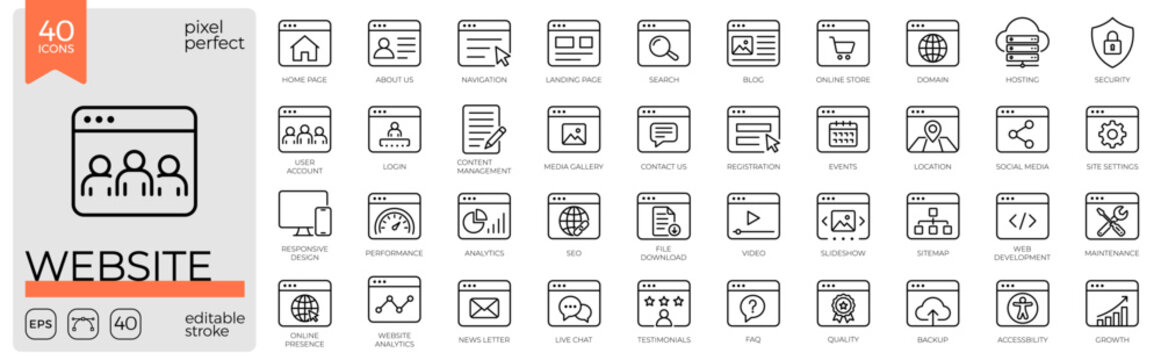 Website linear icon set. Web page, browser window, interface icons collection. Editable stroke vector.
