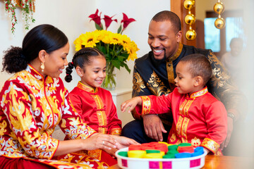 Fototapeta premium Diverse family playing board game together during cultural celebration. African American man and young adult woman bonding with kids for holiday marketing