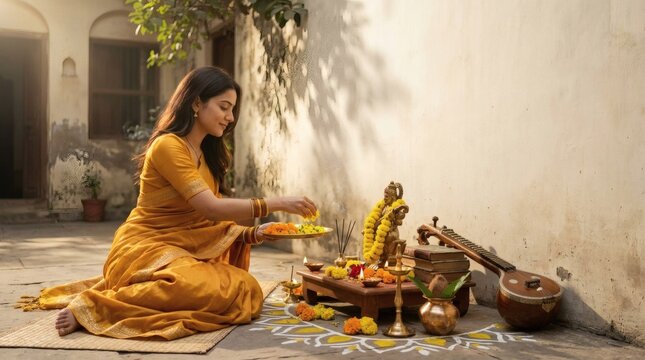 Indian Woman Performing Traditional Puja Ritual at Home