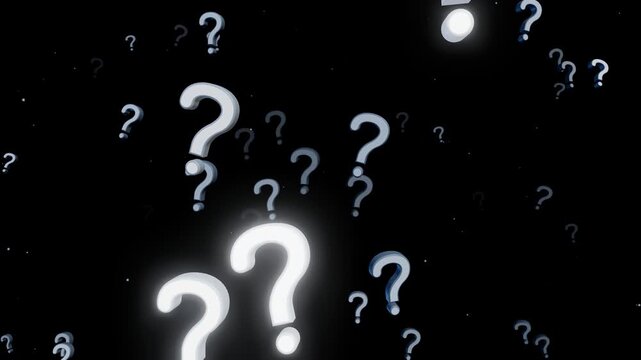 3D motion graphics loop of extruded question marks floating in dark space and smoothly flying towards camera, with approaching objects subtly illuminating with clean, delicate self-emission