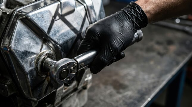 Mechanic's hand in black glove using torque wrench on engine component tractor farming