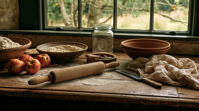 a rustic kitchen scene. A wooden table is the main subject, with a rolling pin, a bowl of flour, and three red apples arranged on it. A glass jar with a metal lid sits beside the rolling pin.