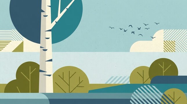 Minimalist flat vector illustration of a birch tree landscape with