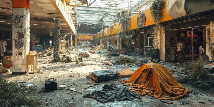 Abandoned shopping mall overgrown with plants, littered with debris and tents, broken ceiling panels allow sunlight inside. Generative by AI.