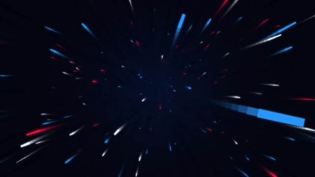 Abstract starfield hyperspace jump with blue red and white light streaks moving towards viewer in cosmic motion.