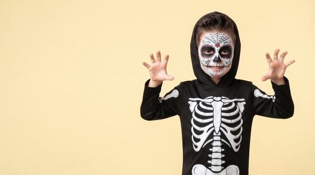 Boy in skeleton costume with sugar skull face paint raising hands like claws against yellow background