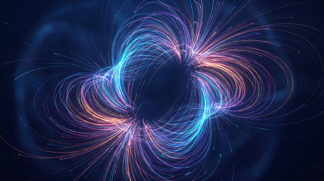 Colorful Neon Magnetic Field Lines with Glowing Energy Particles Abstract Background