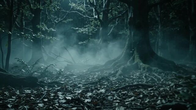 Dark misty forest floor with gnarled tree roots and fallen leaves in a spooky woodland atmosphere