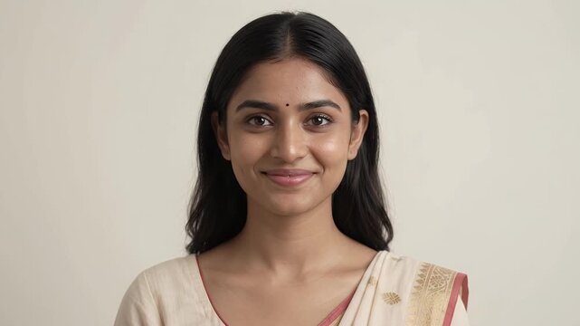 Portrait of a Smiling Young Indian Woman Wearing a Traditional Sari