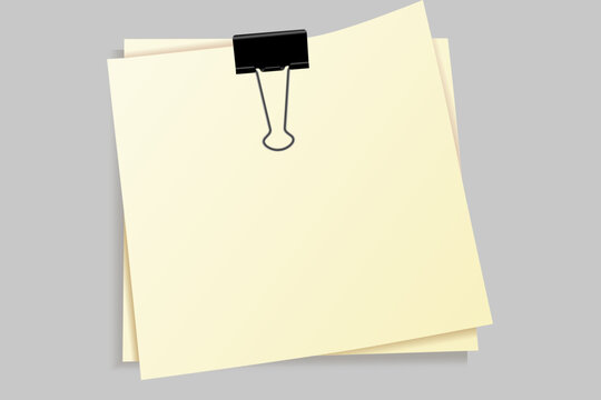 Blank Sticky Note Sheets with Closed Binder Clip. Two Memo Papers for Office Planning and Organization
