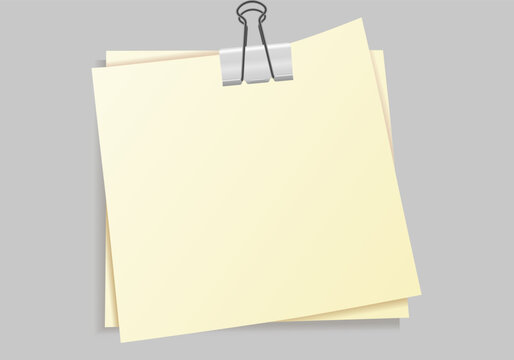 Office Memo Notes with Binder Clip. Two Blank Sticky Note Sheets for Planning and Organization. Vector Illustration