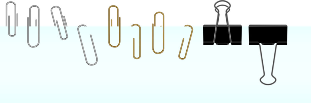 Office Supplies Clip Set. Paper Clips and Binder Clips for Document Organization and Filing on Minimalist Background