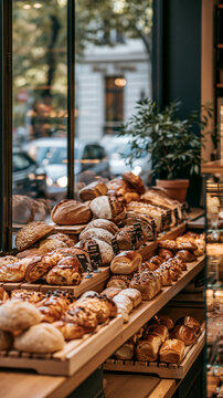 a bakery counter displays a variety of baked goods. The main subject is a display case filled with freshly baked breads of different shapes, sizes, and textures.