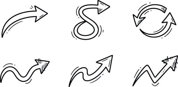 Hand-drawn doodle arrow set, 6 black and white sketch vector arrows, curved and wavy directional pointers for infographics and presentations.
