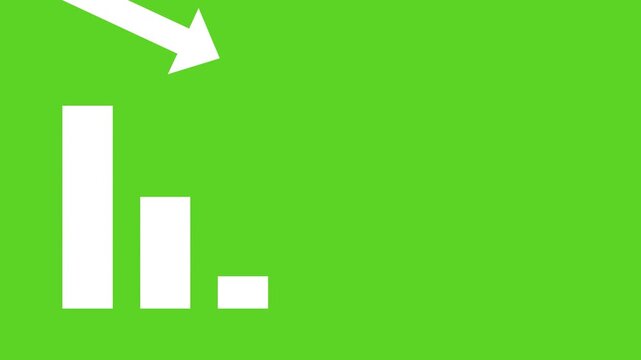 Graph displaying white bar chart with downward arrow on green background. Suitable for finance, business, stock market concepts. Bright and impactful.