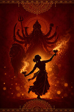 Silhouette of Indian woman dancing with dhunachi incense burner before fiery shadow of multi-armed Goddess Durga mounted on lion during festive Navratri ritual celebration.