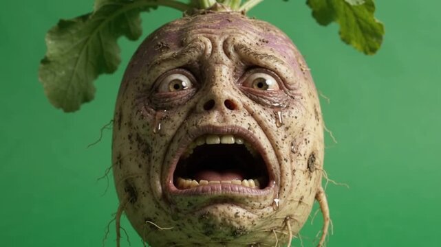 Surreal turnip vegetable with a screaming human face isolated on a solid green background studio shot