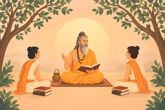 Traditional Indian artwork depicting an ancient bearded Hindu guru sitting under shade trees surrounded by young disciples studying sacred scriptures in peaceful ashram setting