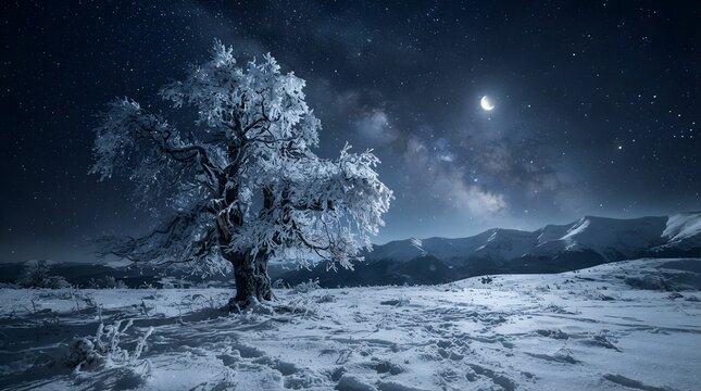 Majestic snow covered tree standing alone in a vast frozen winter landscape under a brilliant glowing crescent moon and vibrant starry galaxy at midnight hour