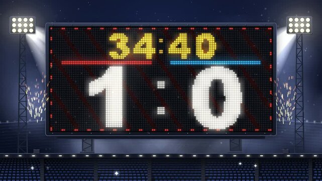 Stadium LED scoreboard with running match clock and changing score on goals, sports animation 4K