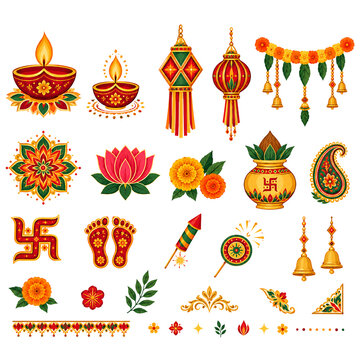 Traditional Diwali Festival Vector Icons Set with Diyas, Marigold Garland, Lotus and Rangoli